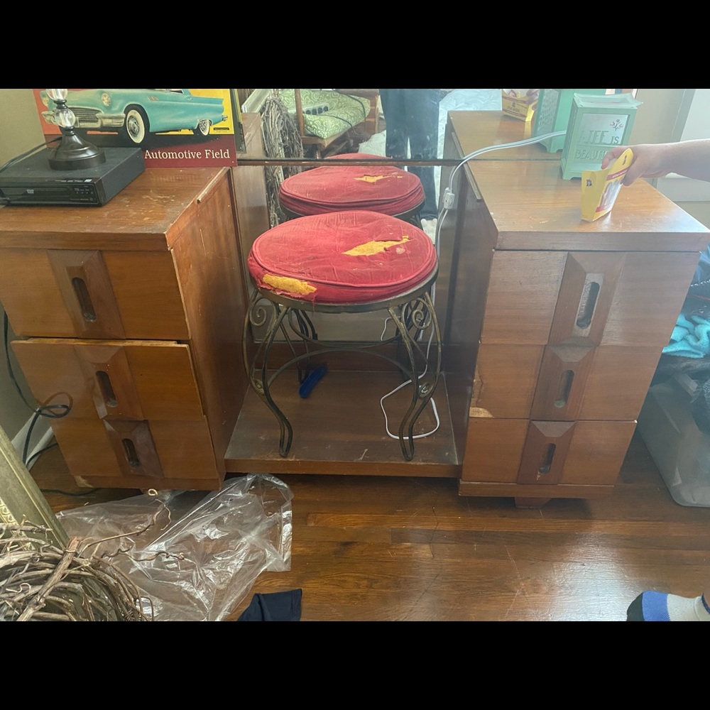 Vintage vanity with mirror and chair